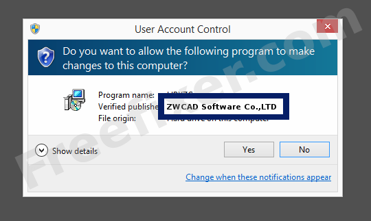 Screenshot where ZWCAD Software Co.,LTD appears as the verified publisher in the UAC dialog